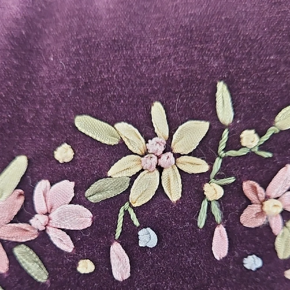 Embroidered Satin Ribbon Floral Heart Purple Velveteen Accent Pillow